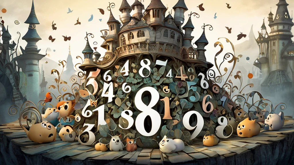Eine fantasievolle Darstellung von Zahlen, die auf einem Hügel liegen, umgeben von einem märchenhaften Schloss.