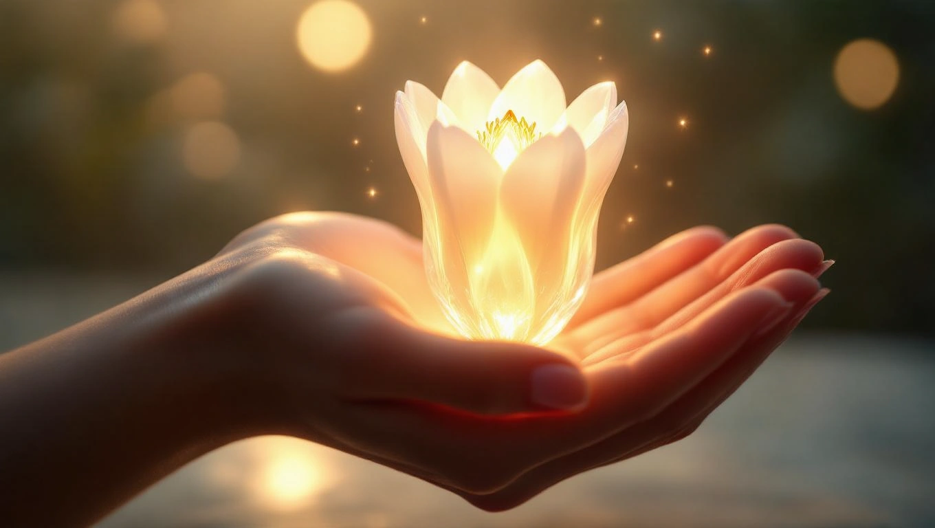Eine Hand hält eine leuchtende Blüte, die Transformation und Heilung symbolisiert.