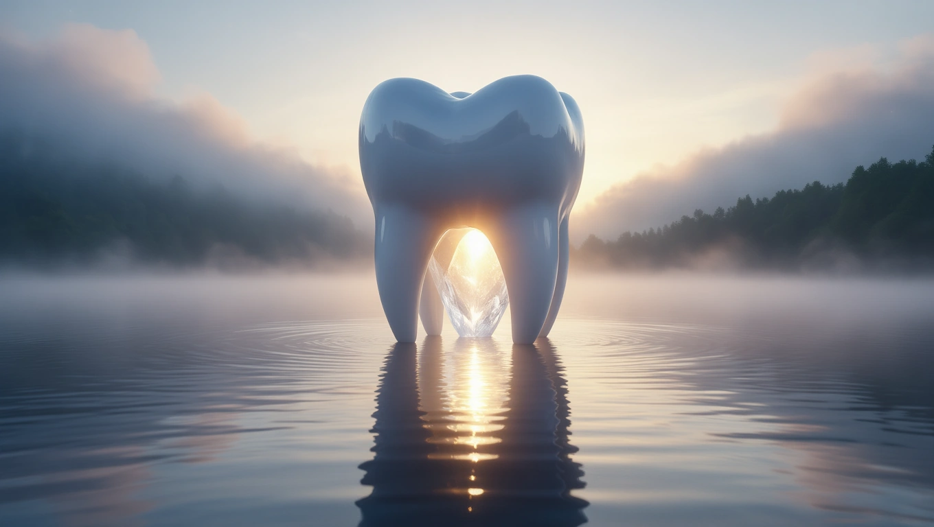 Ein großes, glänzendes Zahnmodell steht in einem ruhigen Gewässer bei Sonnenaufgang.