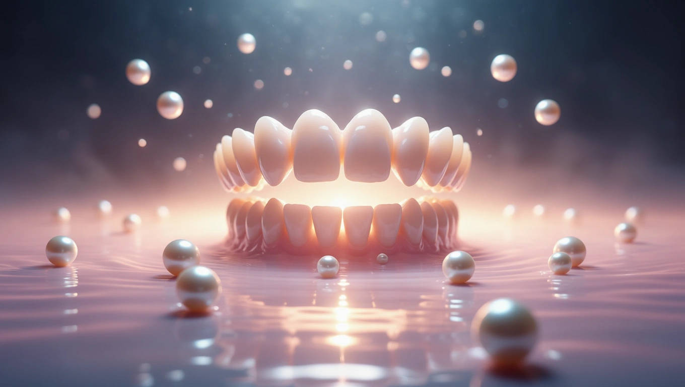 Ein strahlendes Gebiss umgeben von schimmernden Perlen in sanftem Licht.