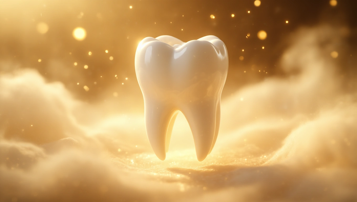 Ein strahlend weißer Zahn schwebt in einer goldenen, nebligen Umgebung.