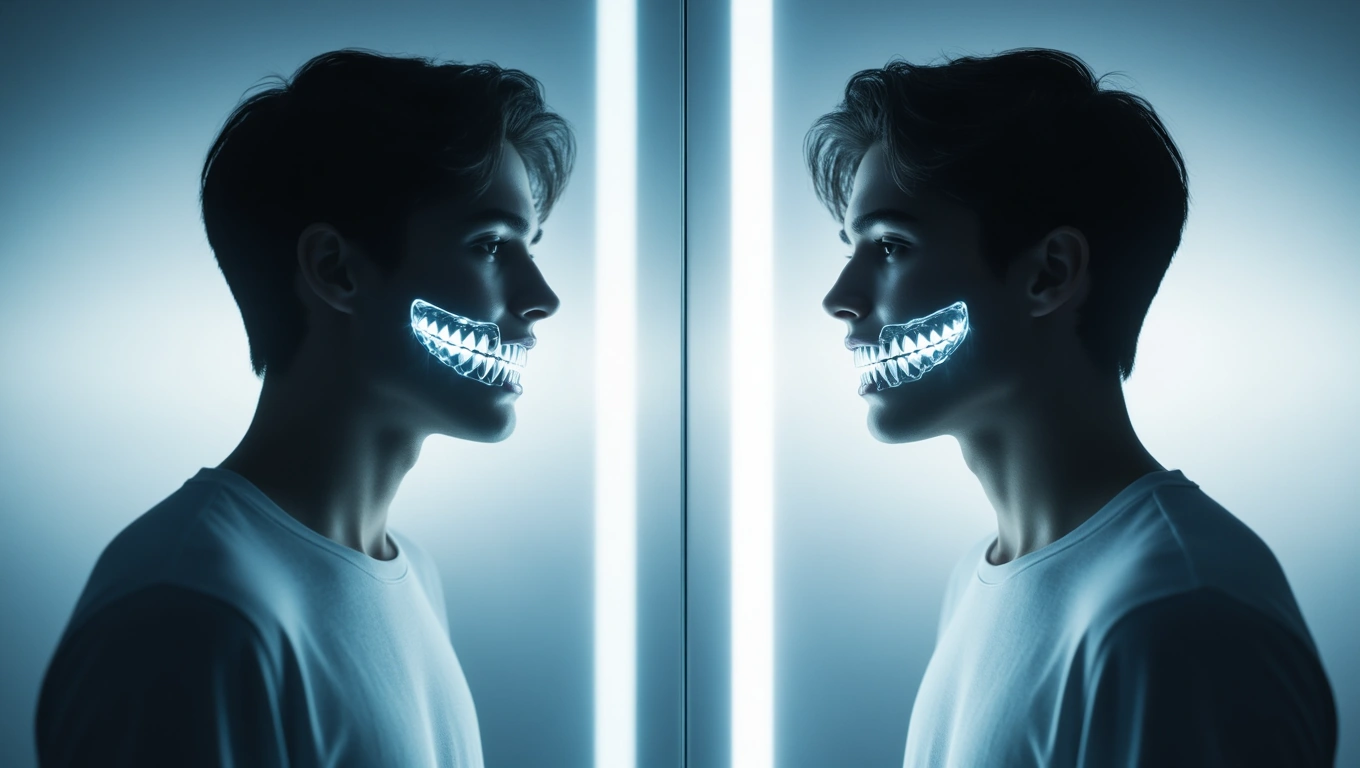 Ein junger Mann mit leuchtenden Zähnen im Profil, symbolisiert Zahnarzt-Träume.