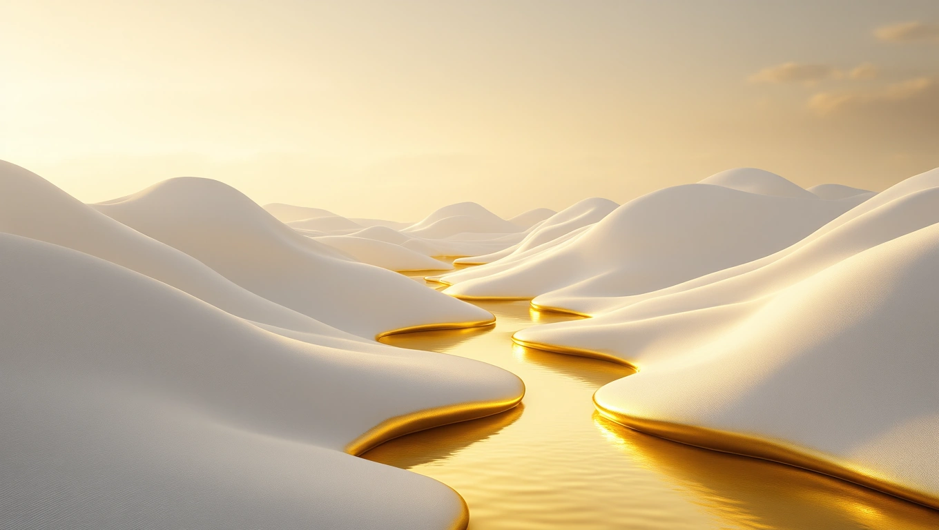 Sanfte, geschwungene Hügel in sanften Farben, die einen Fluss reflektieren.