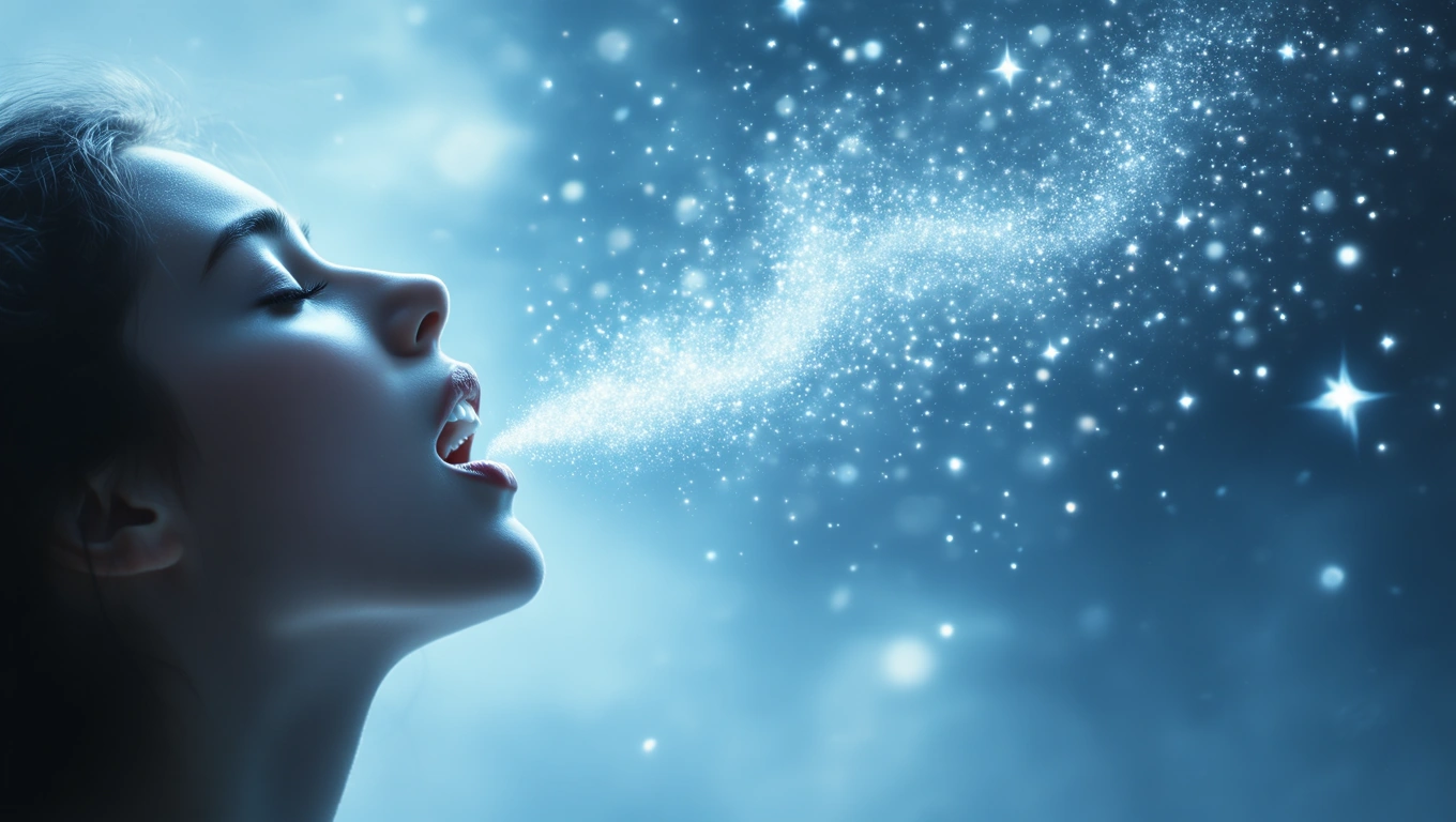 Eine Frau atmet funkelnde Partikel in einem traumhaften blauen Licht aus.