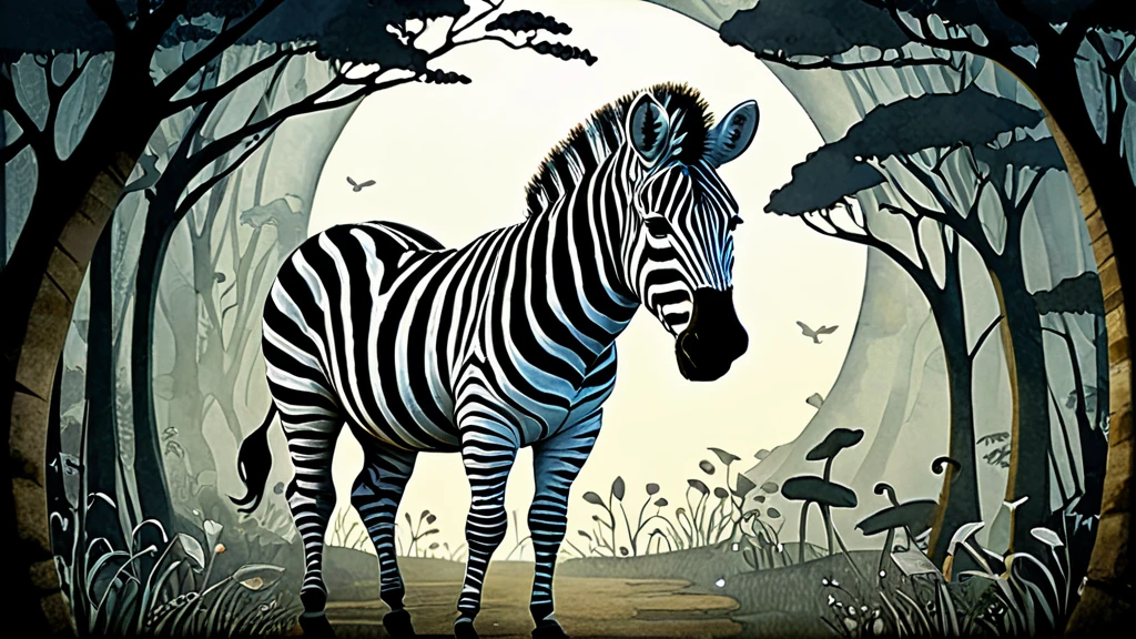 Ein Zebra steht in einem mystischen Wald, umgeben von Bäumen und Pflanzen.