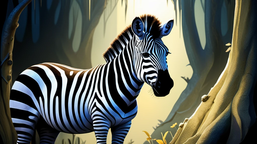 Ein Zebra steht majestätisch im Lichtspiel zwischen Bäumen.