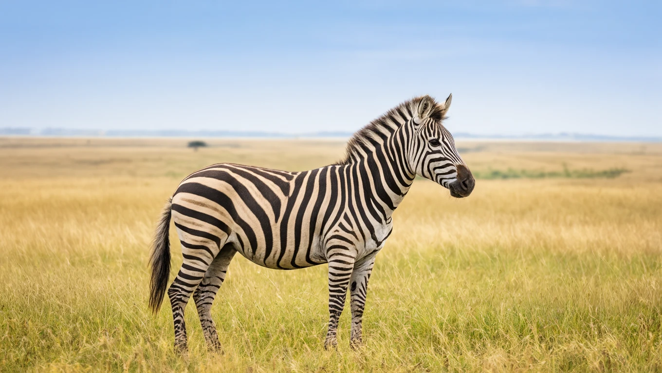 Ein Zebra steht majestätisch in einer weiten, goldenen Savanne.