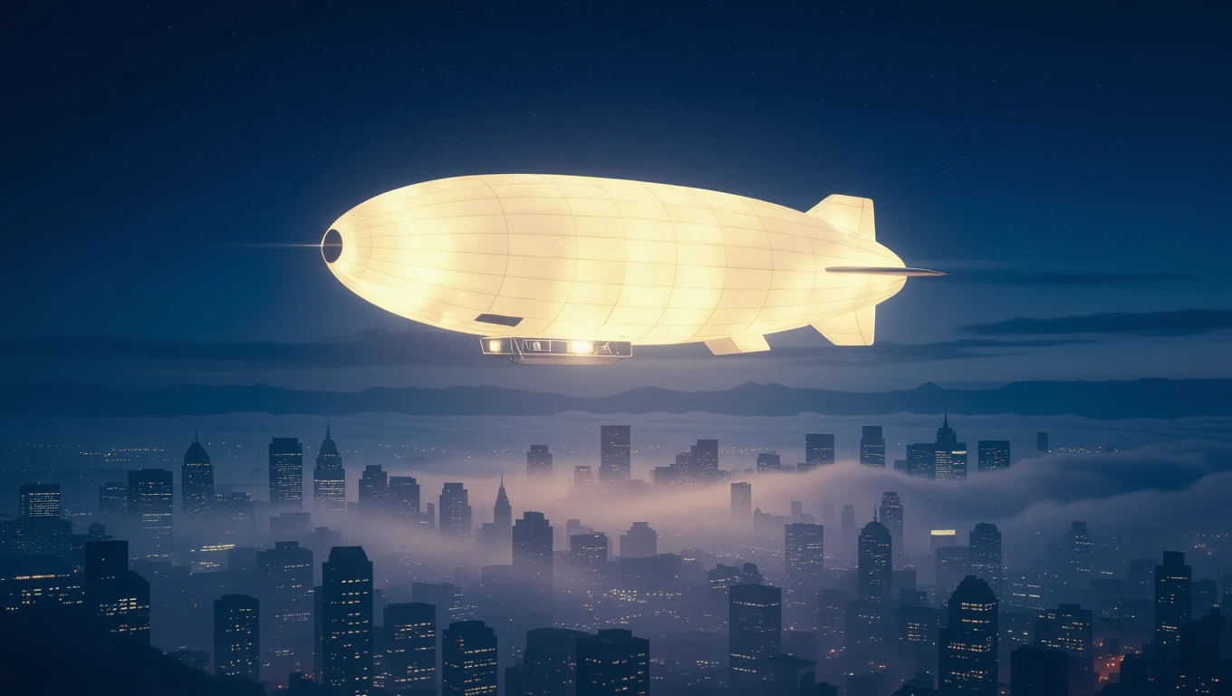 Ein leuchtender Zeppelin schwebt über einer Stadt in der Dämmerung.