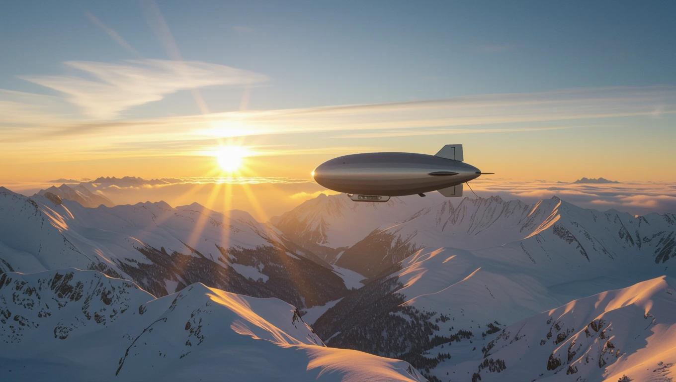 Ein Zeppelin schwebt majestätisch über schneebedeckte Berge bei Sonnenaufgang.