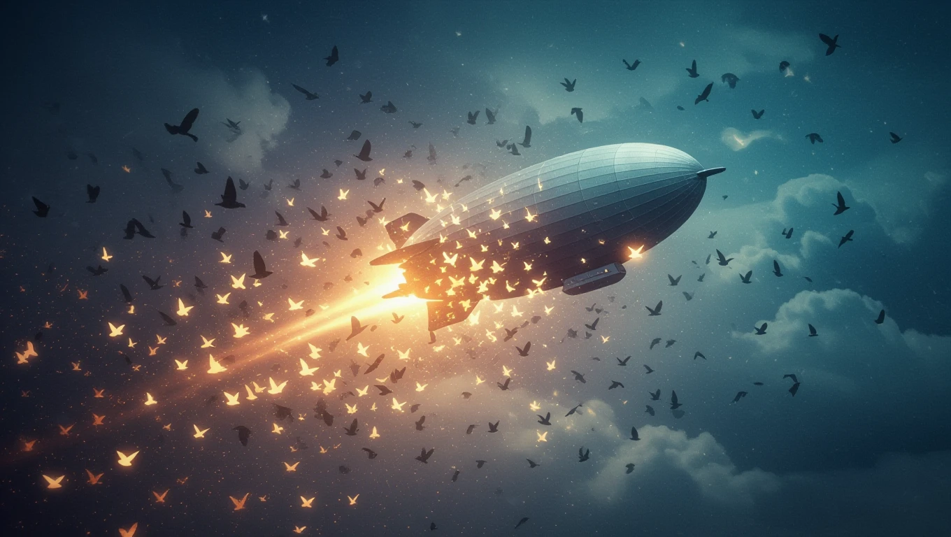 Ein Zeppelin schwebt durch den Himmel, umgeben von leuchtenden Vögeln.