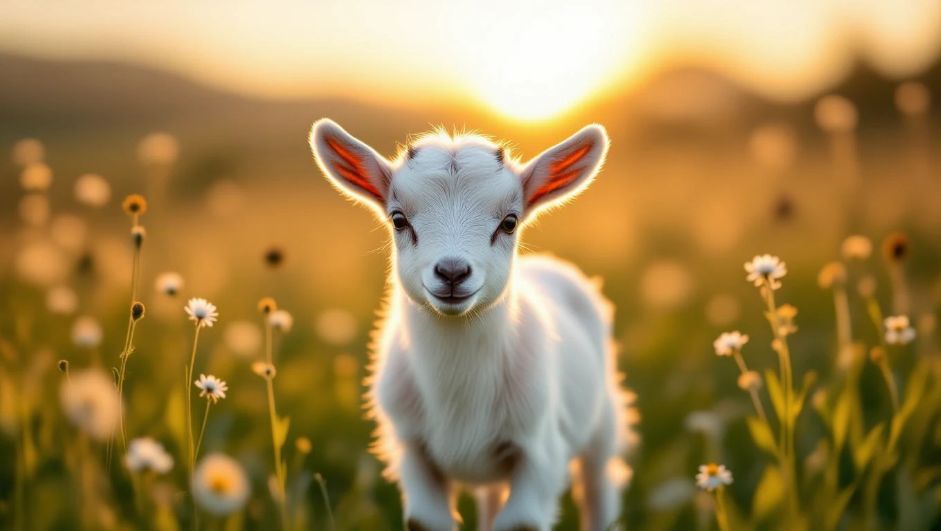 Ein neugieriges Zicklein steht in einer blühenden Wiese bei Sonnenuntergang.