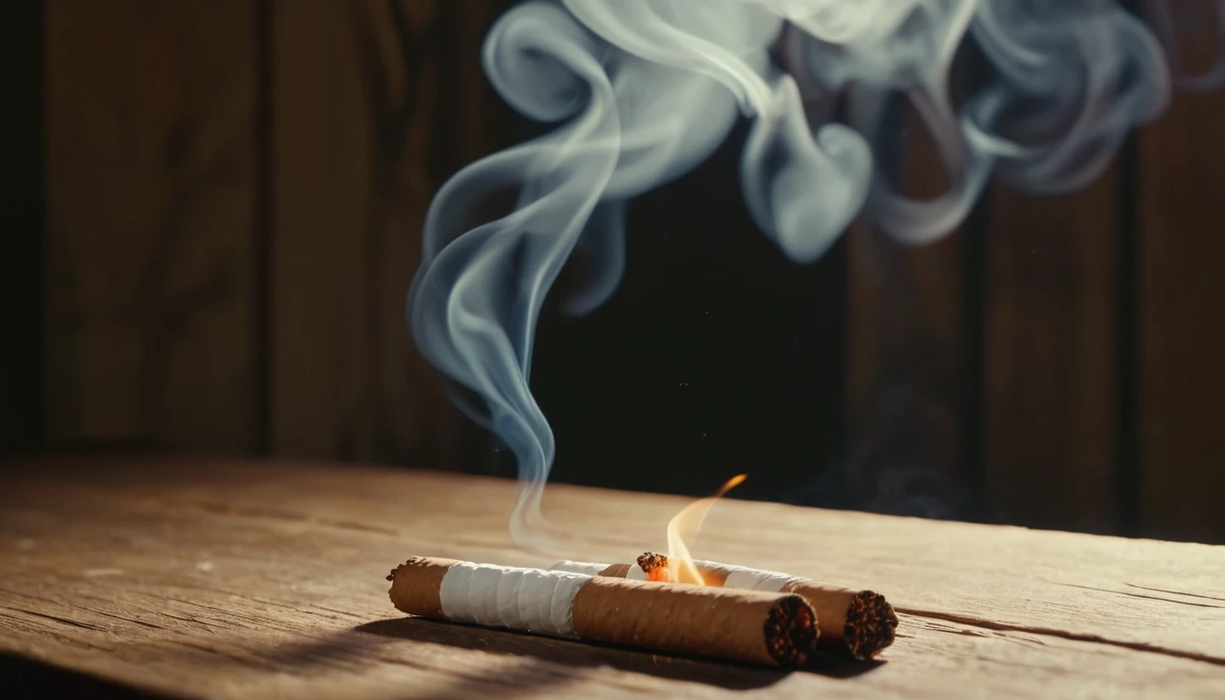 Zwei brennende Zigaretten auf einem Holztisch mit aufsteigendem Rauch.