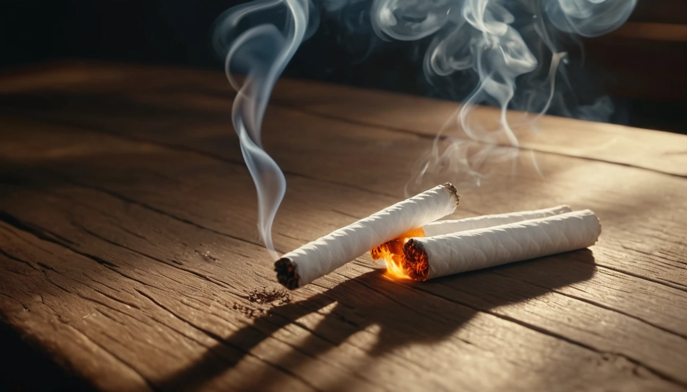 Drei brennende Zigaretten auf einem Holztisch mit aufsteigendem Rauch.