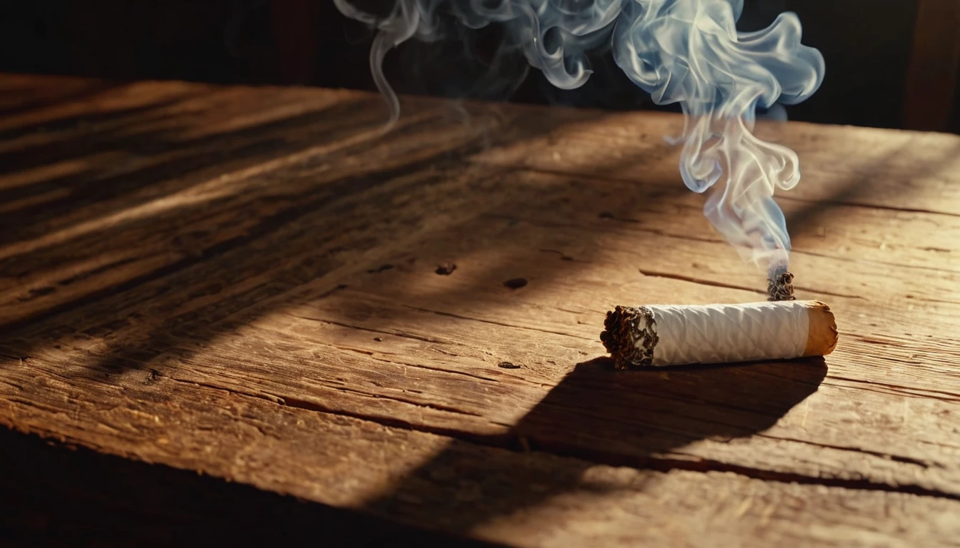 Eine brennende Zigarette auf einem rustikalen Holztisch mit Rauch.