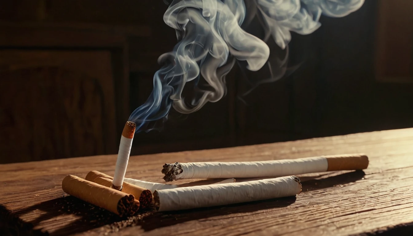 Eine brennende Zigarette mit aufsteigendem Rauch auf einem Holztisch.