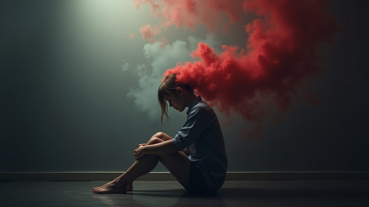 Ein nachdenkliches Mädchen sitzt auf dem Boden, während rote Wolken über ihrem Kopf schweben.