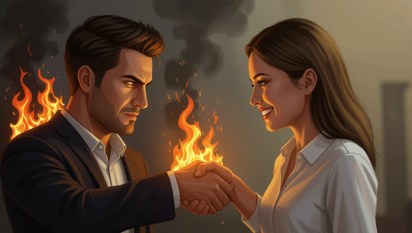 Ein Mann und eine Frau schütteln sich die Hände vor einem brennenden Hintergrund, symbolisiert Konflikt und Versöhnung.
