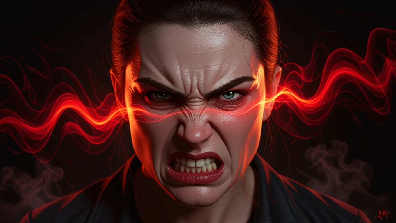 Eine wütende Person mit verzerrtem Gesichtsausdruck und rotem Licht.