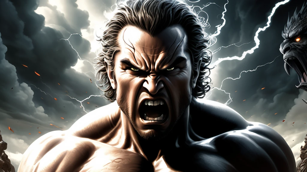 Ein wütender Mann mit muskulösem Körper und aufgebrachter Mimik vor dunklen Wolken.