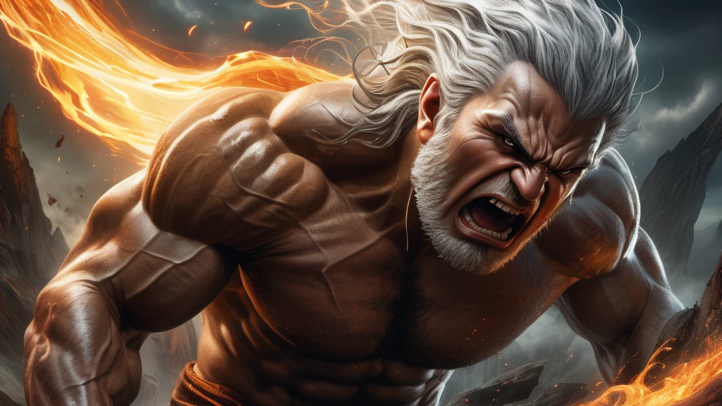 Ein wütender, muskulöser Mann mit grauen Haaren und feurigen Effekten im Hintergrund.