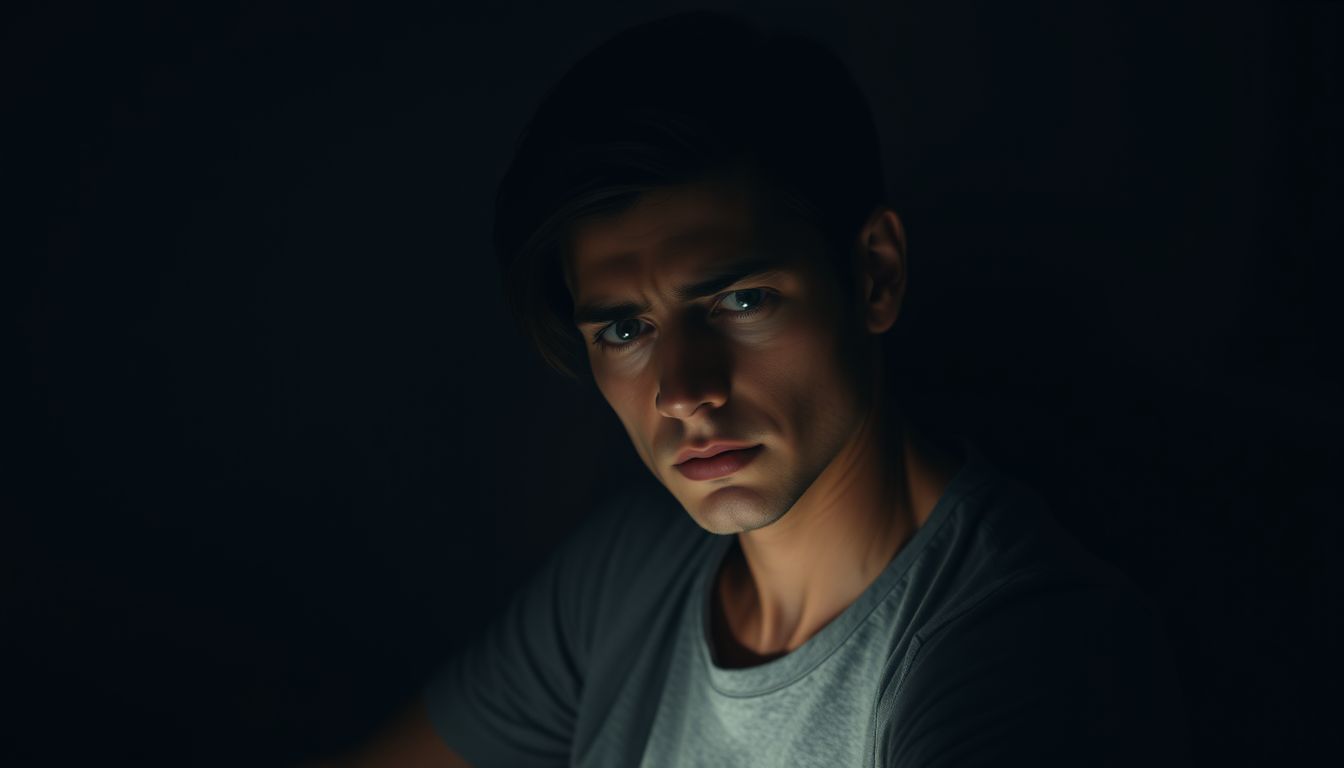 Ein nachdenklicher junger Mann mit intensiven Augen, der in die Dunkelheit blickt.