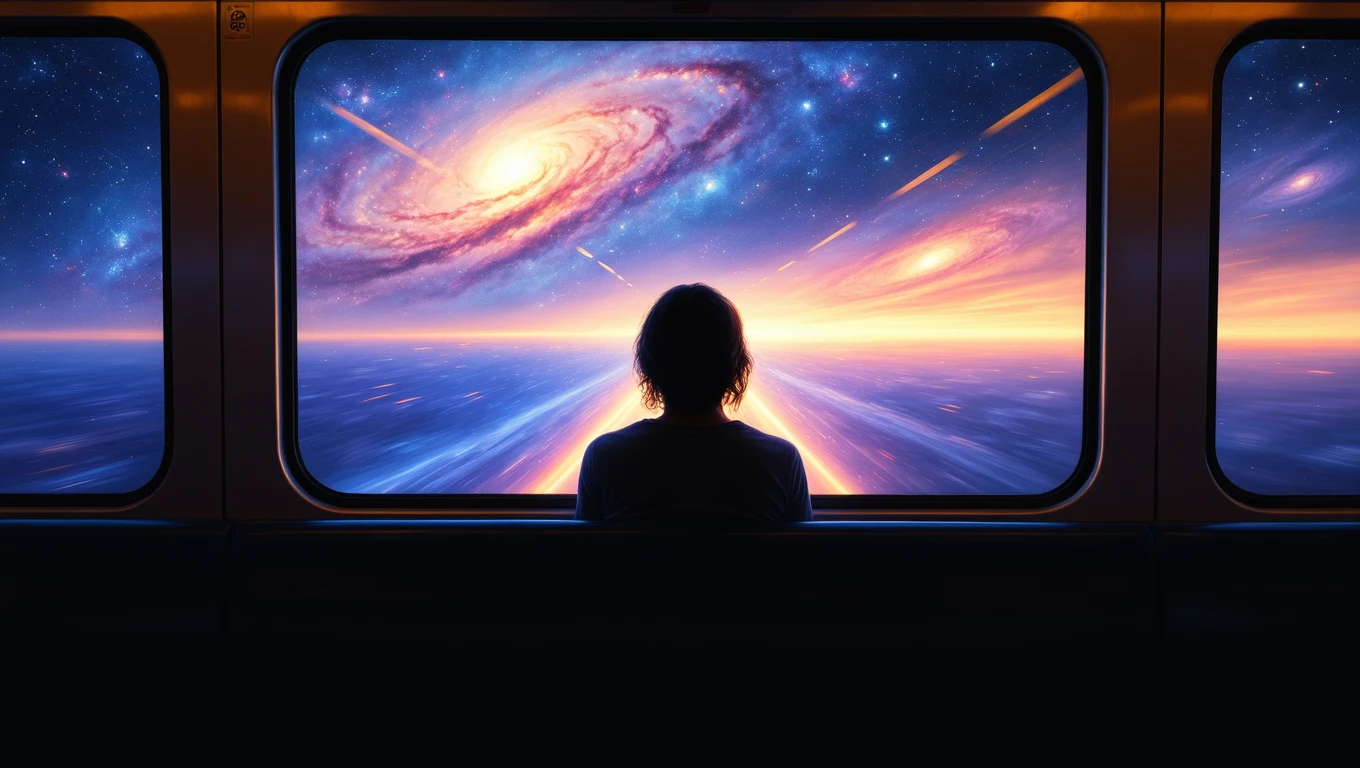 Eine Person sitzt im Zug und blickt auf eine galaktische Landschaft.