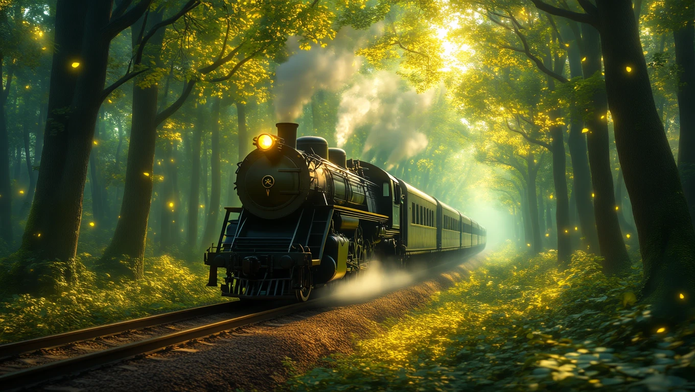 Ein nostalgischer Zug fährt durch einen sonnendurchfluteten Wald.