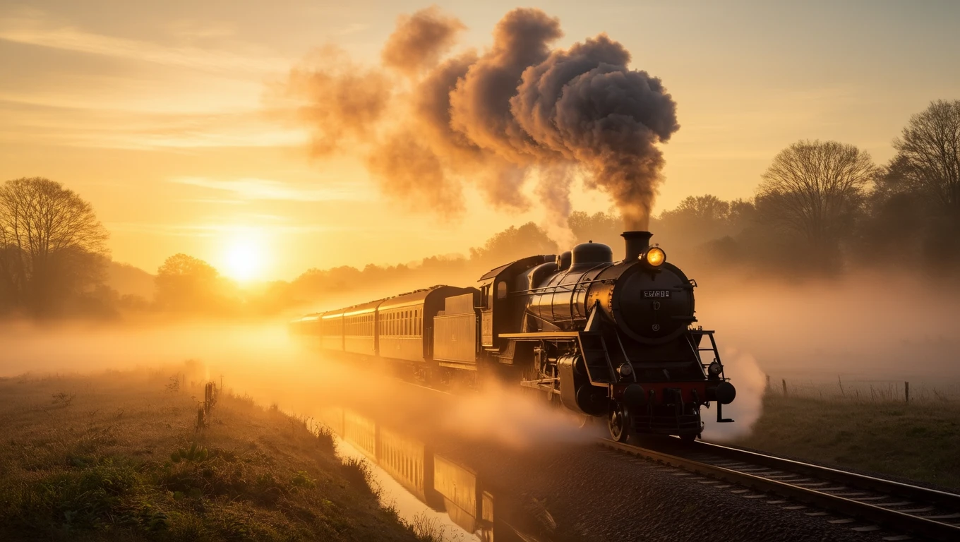 Ein nostalgischer Zug fährt durch neblige Landschaft bei Sonnenaufgang.