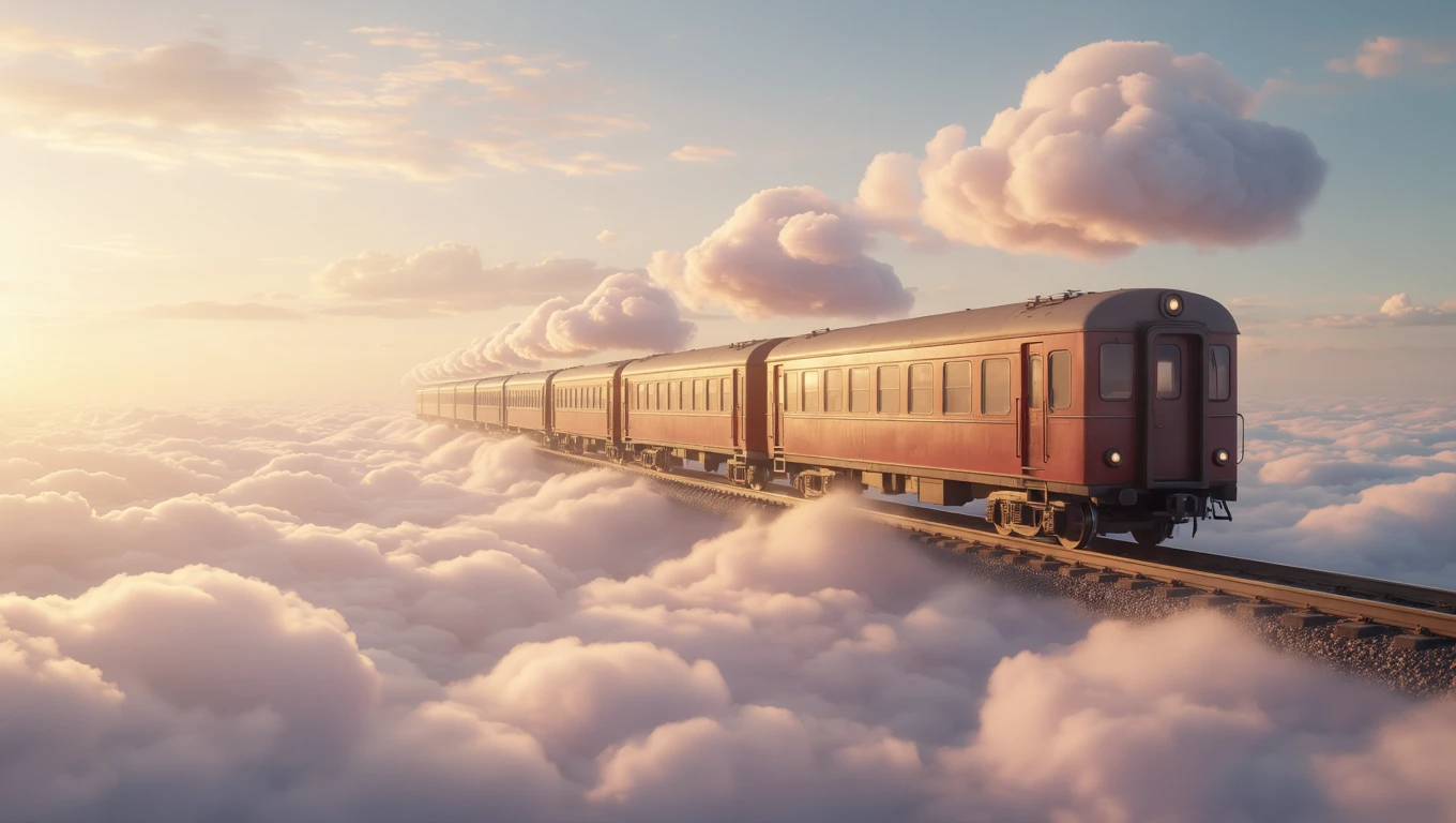 Ein roter Zug fährt durch eine traumhafte Wolkenlandschaft.