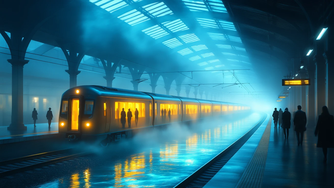 Ein Zug steht an einem nebligen Bahnhof, umgeben von wartenden Passagieren.