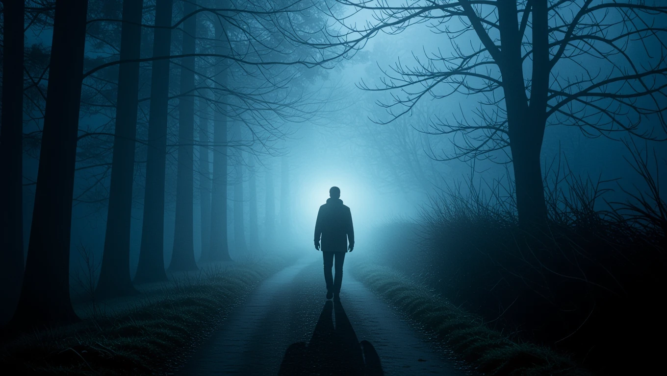 Eine Person geht allein auf einem nebligen Weg zwischen Bäumen.