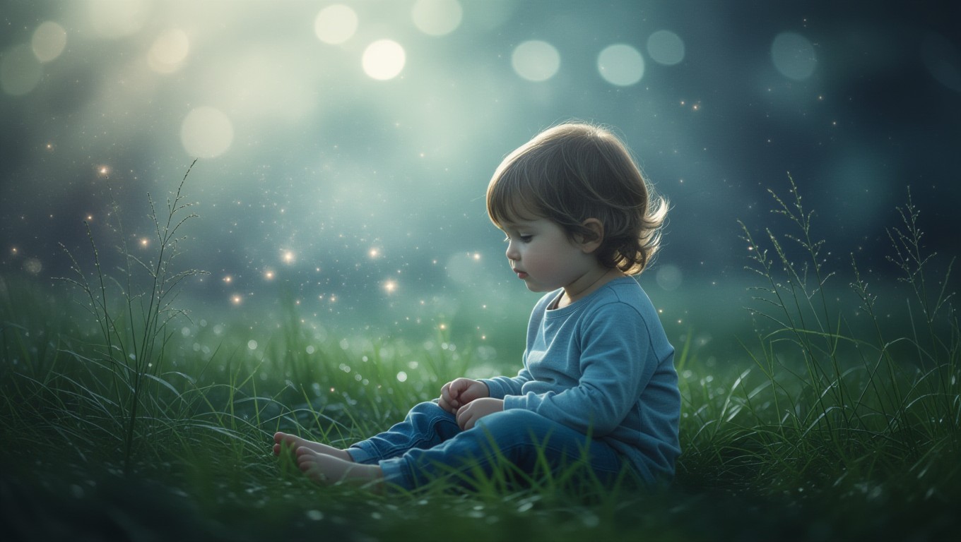 Ein kleines Kind sitzt im Gras und schaut nachdenklich in die Ferne.