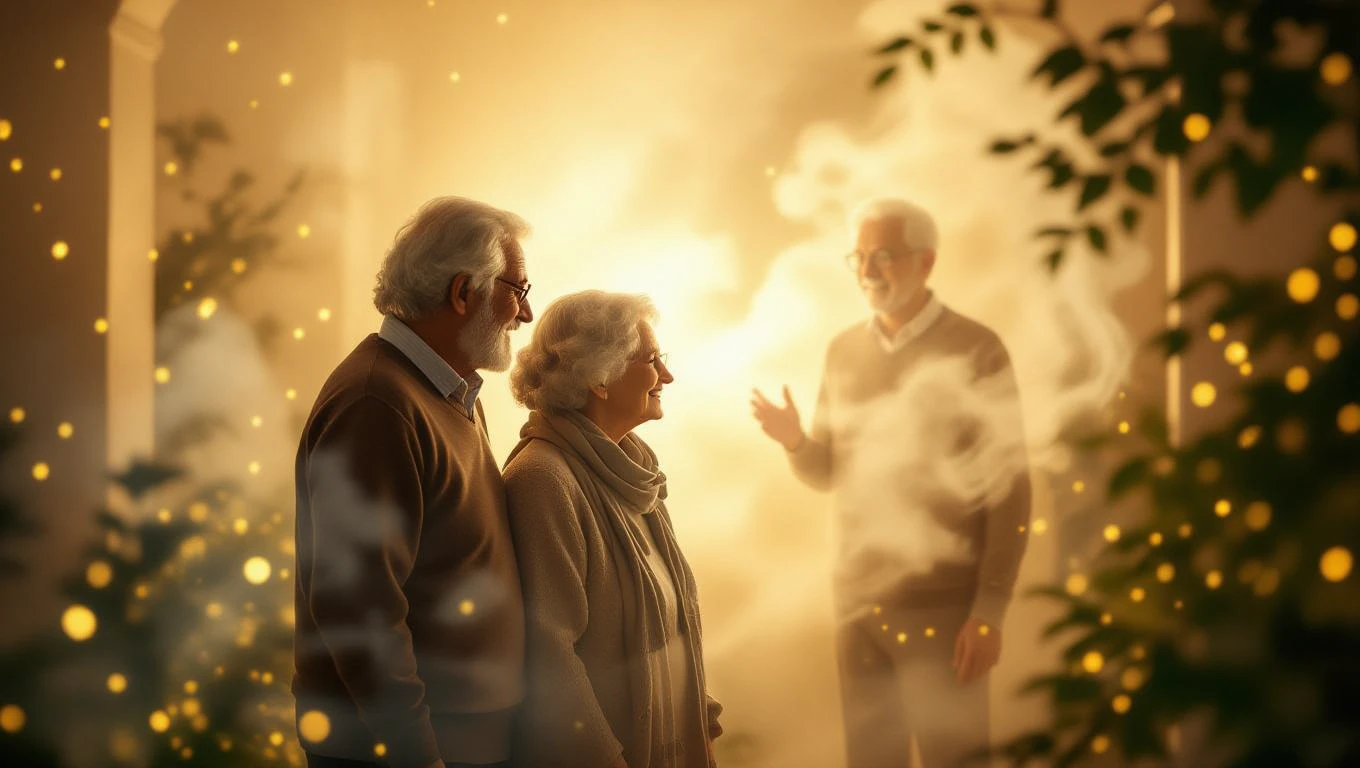 Ein älteres Paar steht in einem mystischen Licht, während eine dritte Person im Hintergrund erscheint.