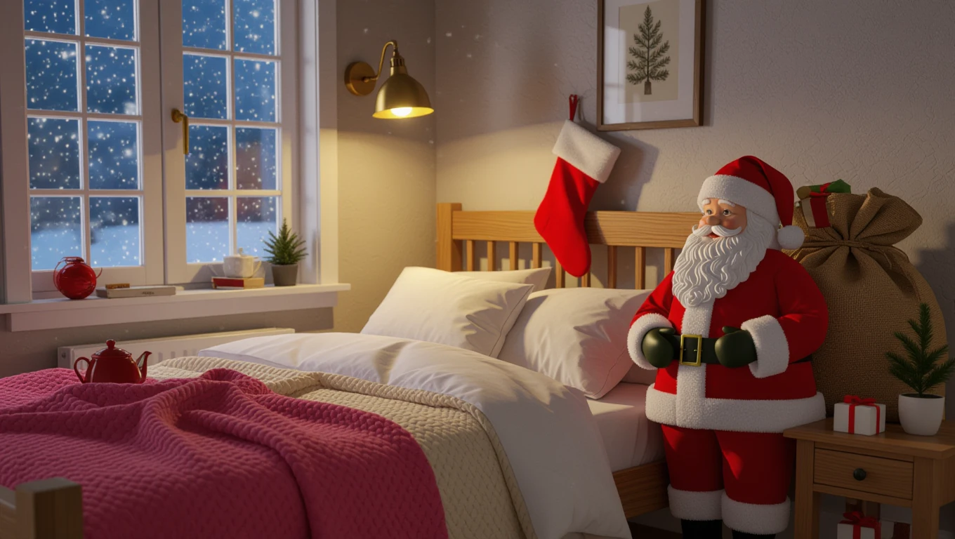 Ein gemütliches Schlafzimmer mit einem Weihnachtsmann und schneebedecktem Fenster.