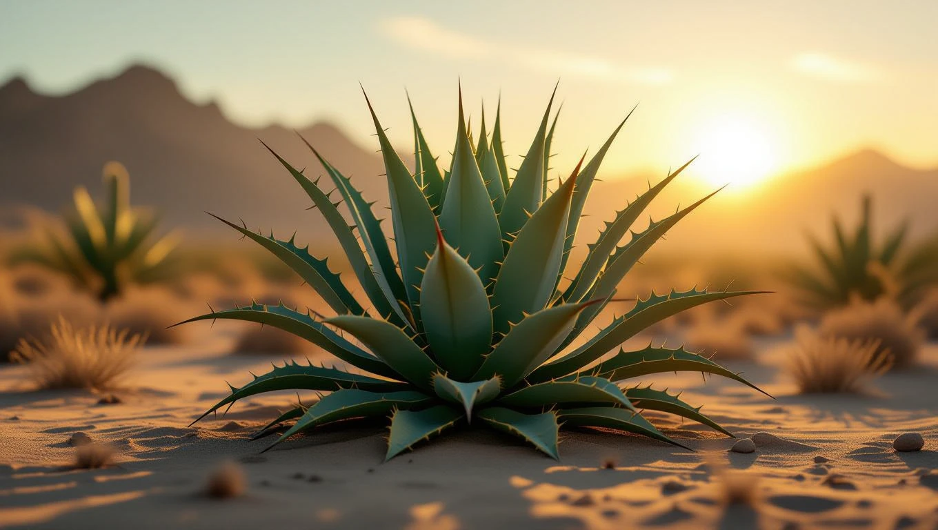 Eine Agave in der Wüste, umgeben von sanften Sanddünen und Sonnenlicht.