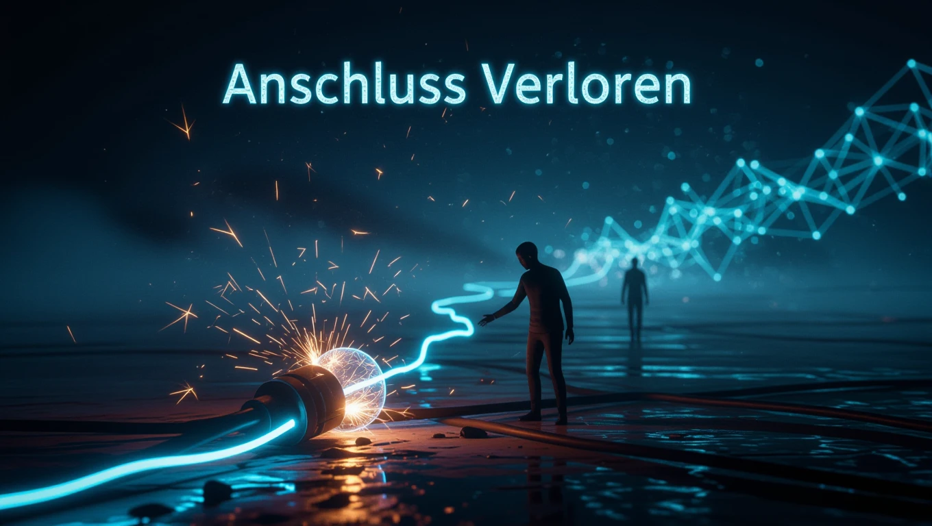 Eine Person steht vor einem funkelnden Kabel, das den Anschluss symbolisiert.