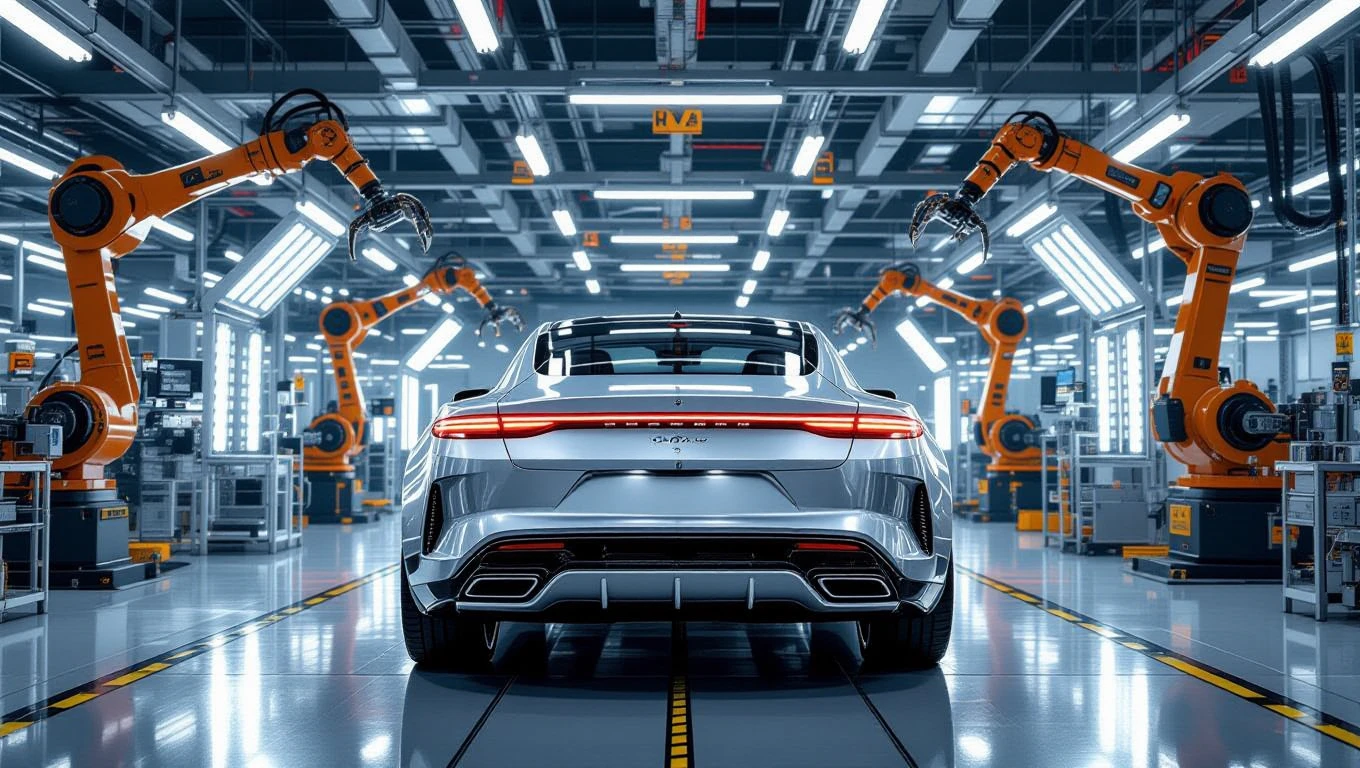 Ein moderner Automobilproduktionsraum mit einem glänzenden Auto und Robotern.