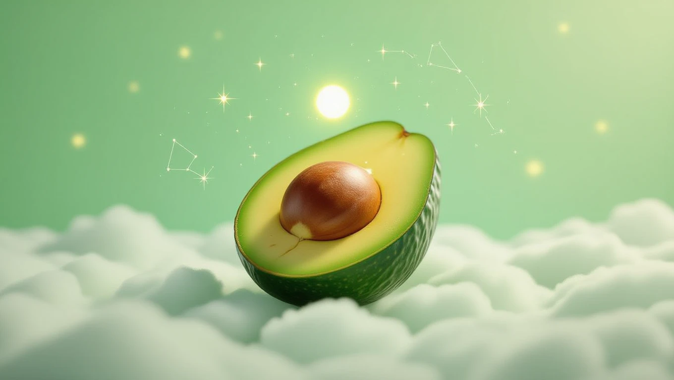 Eine halbierte Avocado schwebt über Wolken, umgeben von einem sanften, grünen Licht.