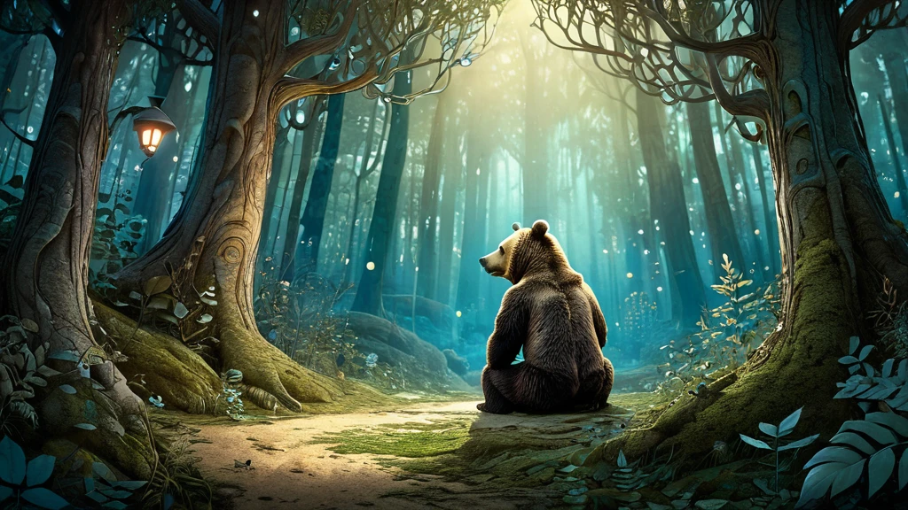 Ein Bär sitzt in einem mystischen Wald, umgeben von Bäumen und sanftem Licht.