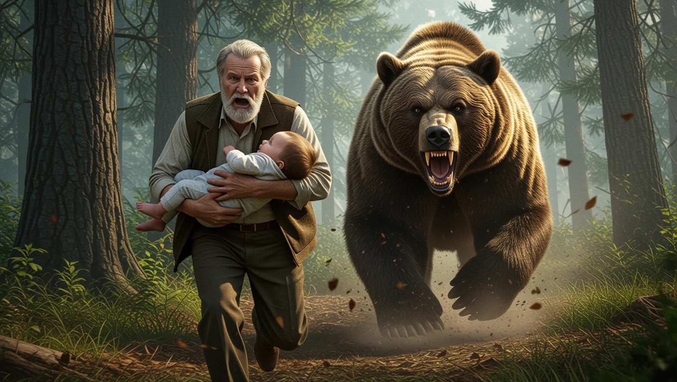 Ein älterer Mann rennt mit einem Baby in den Armen vor einem jagenden Bären.