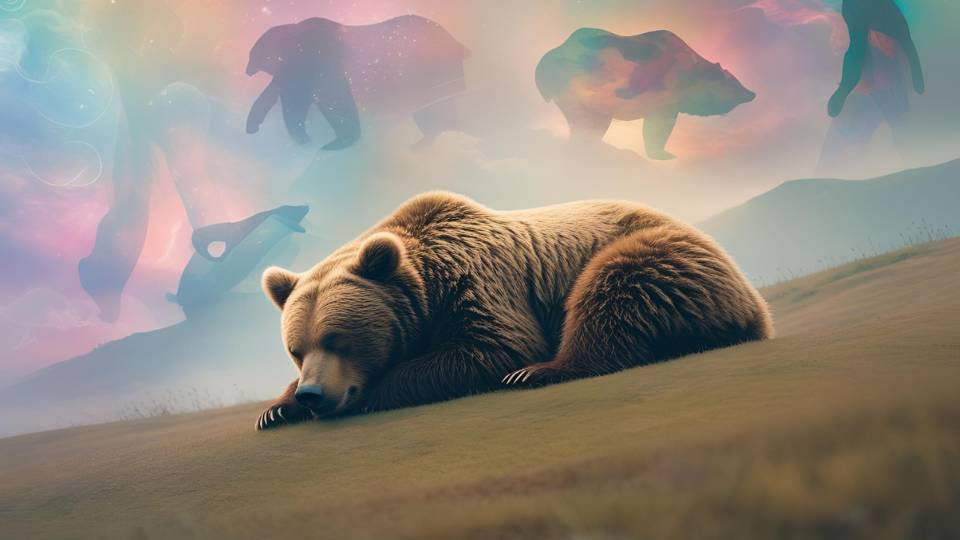 Ein schlafender Bär in einer traumhaften Landschaft mit mystischen Silhouetten.