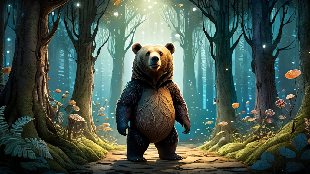 Ein Bär steht auf einem Pfad im mystischen Wald, umgeben von Pflanzen und Licht.