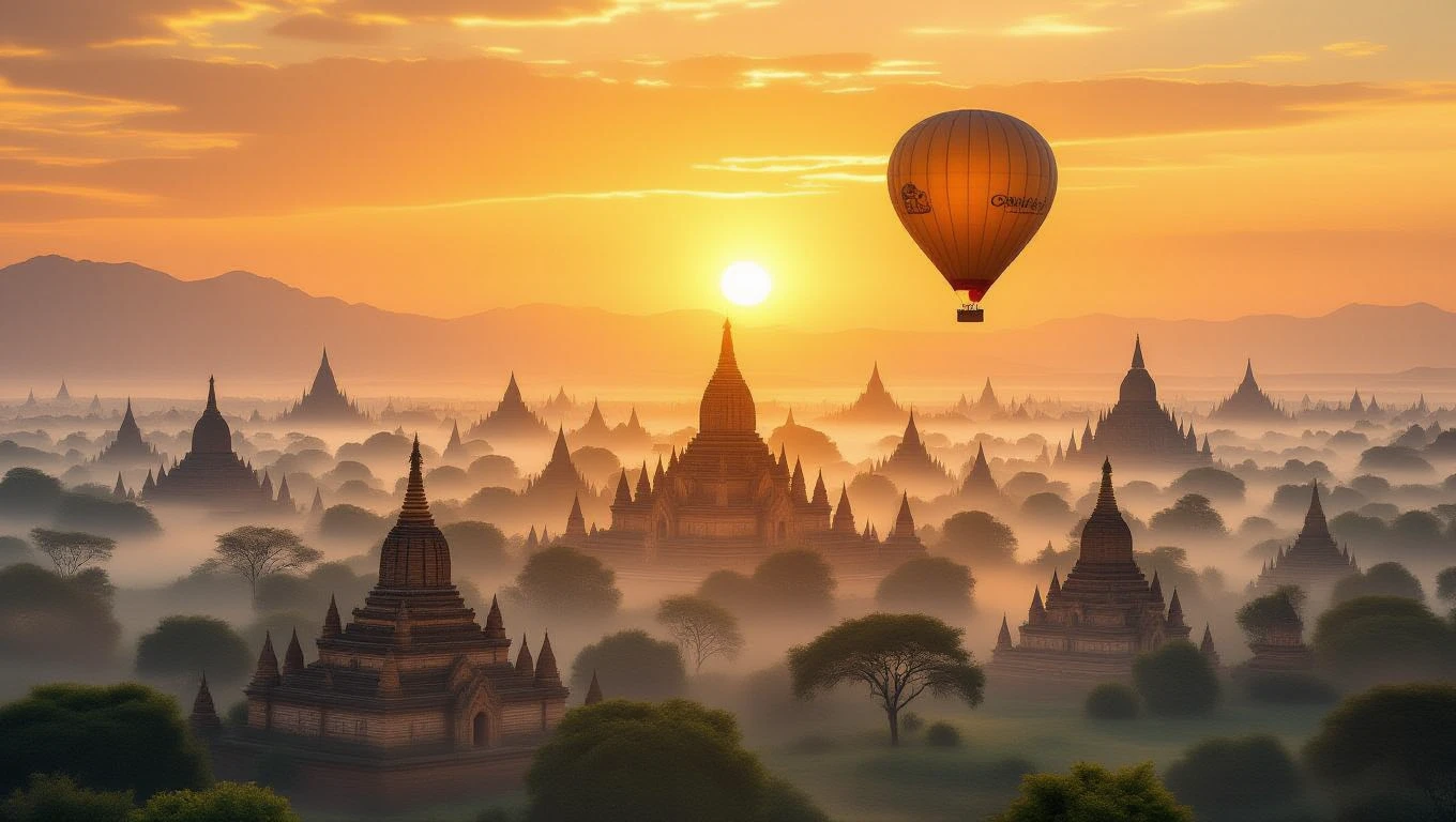 Ein Heißluftballon schwebt über einer mystischen Landschaft mit Pagoden im Nebel.