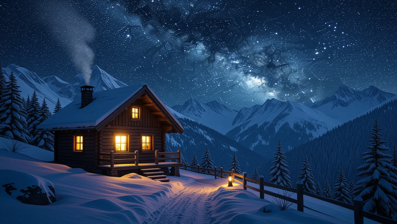 Eine gemütliche Berghütte im Schnee unter einem sternenklaren Himmel.