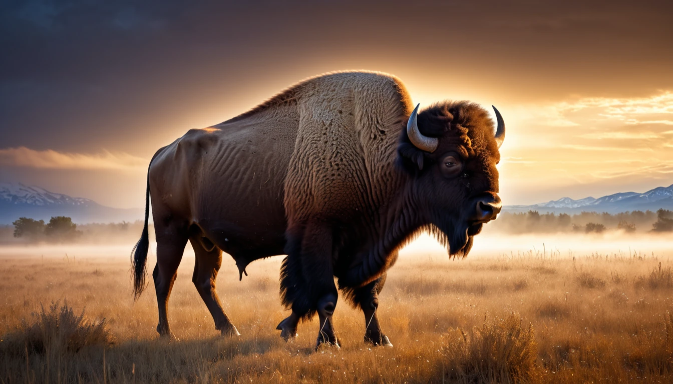 Ein majestätischer Bison steht in einer weiten, goldenen Landschaft.