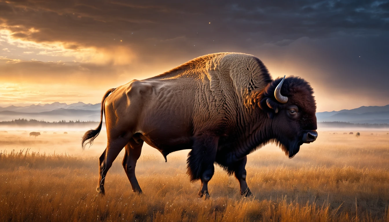 Ein majestätischer Bison steht in einer weiten, nebligen Landschaft bei Sonnenuntergang.