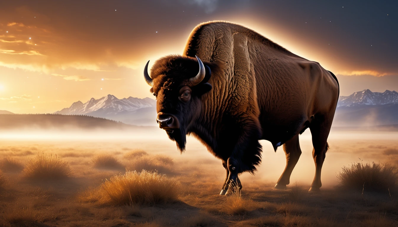 Ein majestätischer Bison steht in einer weiten, nebligen Landschaft bei Sonnenuntergang.