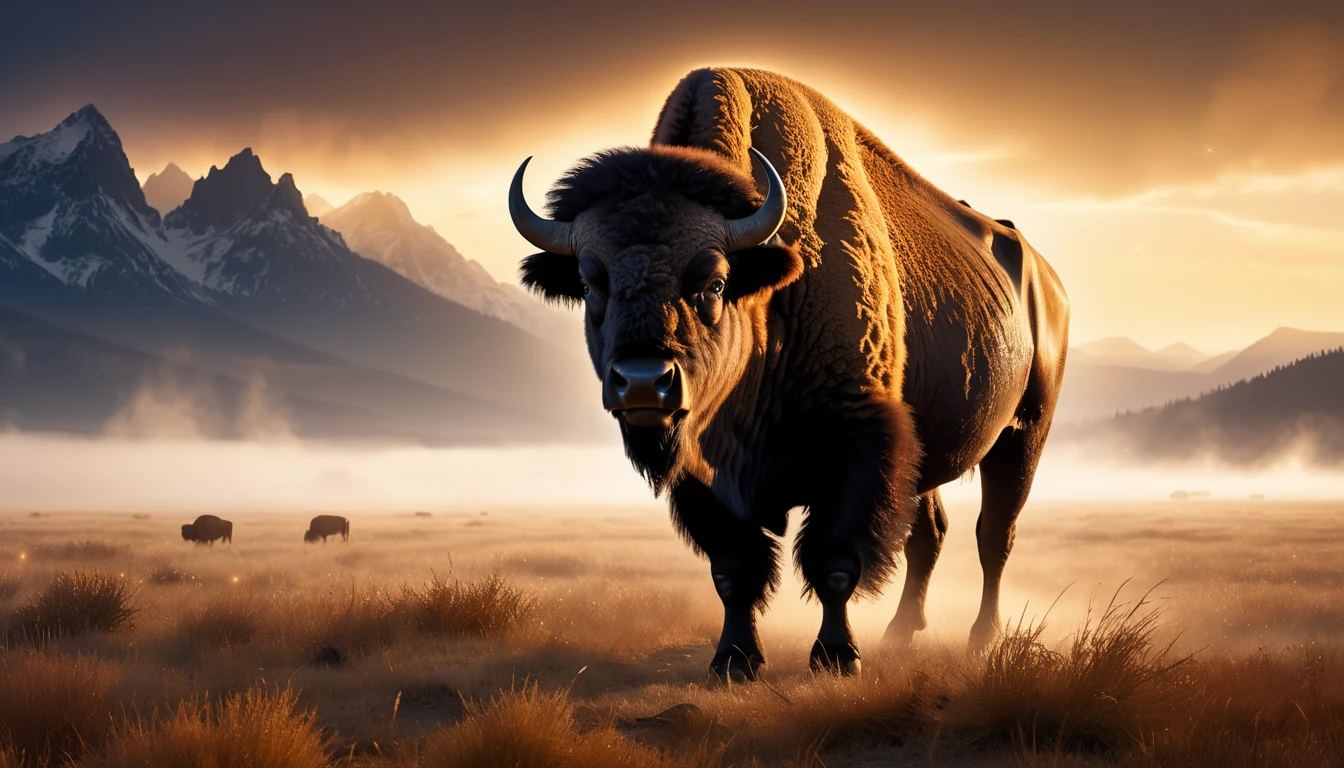 Ein majestätischer Bison steht in einer nebligen Landschaft mit Bergen im Hintergrund.