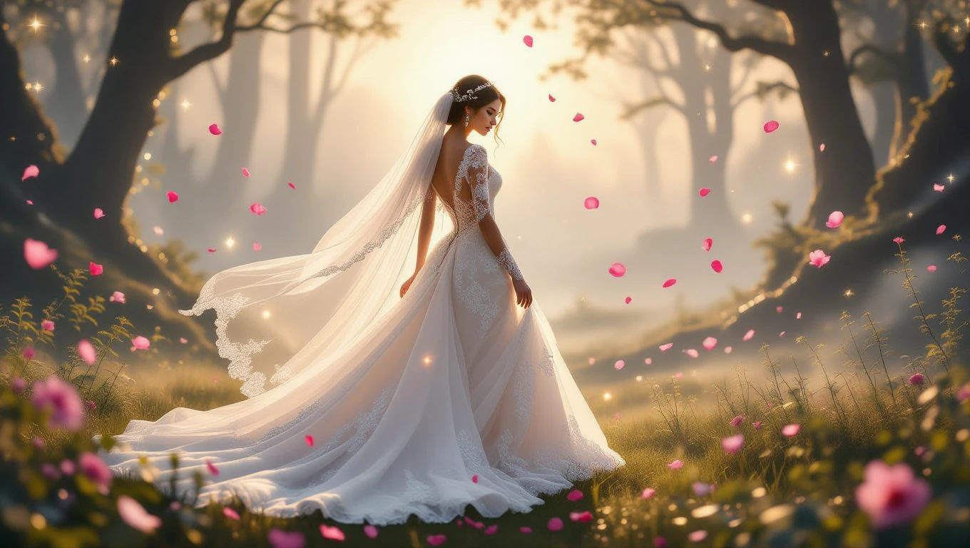 Eine Braut in einem eleganten Kleid, umgeben von blühenden Blumen und sanftem Licht im Wald.