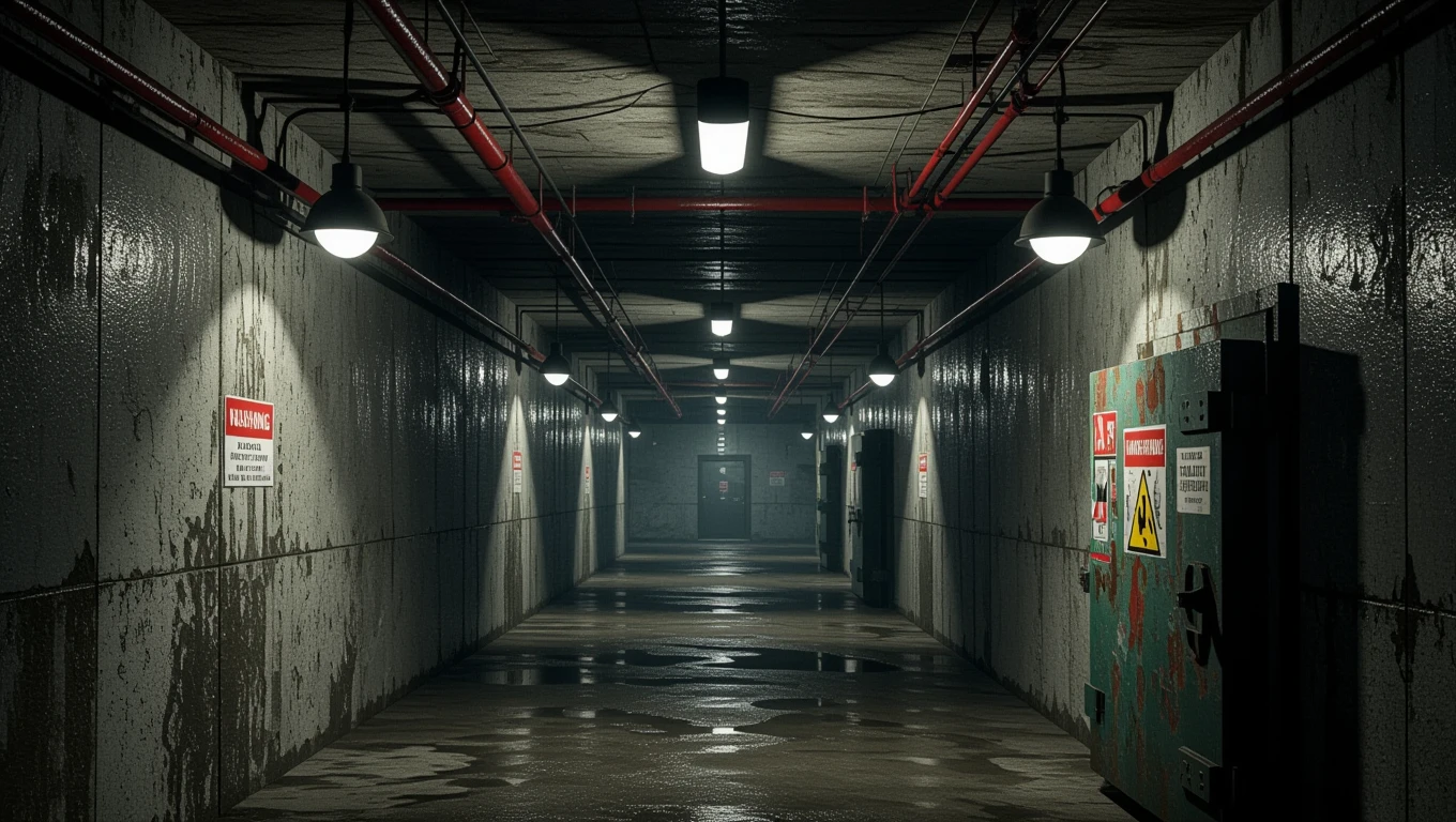 Ein dunkler Bunkerflur mit feuchten Wänden und schwachem Licht.